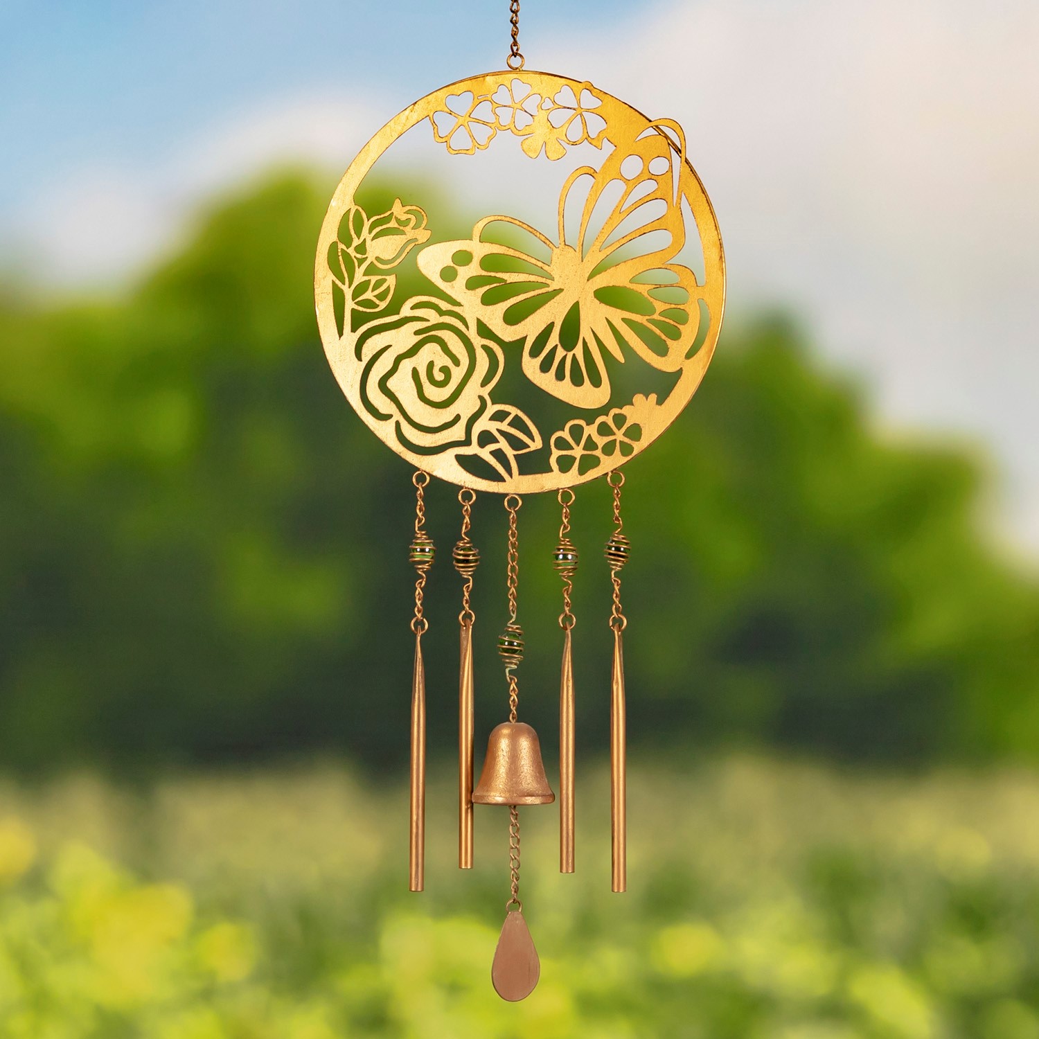 Set of 6 Assorted Circular Copper Wind Chimes with Nature Scenes