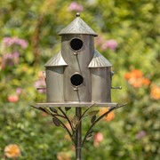 Zaer Ltd. International 74.25" Tall Plump Cylinder Triple Birdhouse Stake with Conical Roof in Silver ZR200251-SV View 3