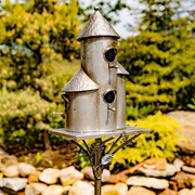 Zaer Ltd. International 73.5" Tall Cylinder Triple Birdhouse Stake with Conical Roof in Antique Silver ZR200250-SV View 3