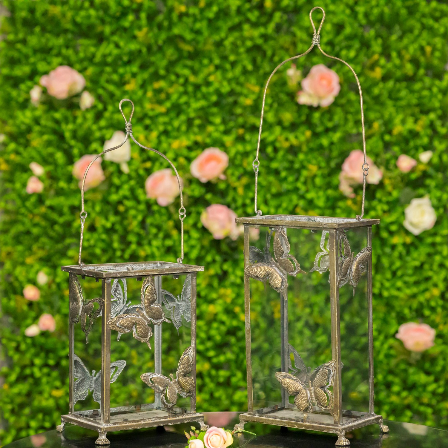 Set of 2 Tall Glass Butterfly Lanterns in Frosted Gold