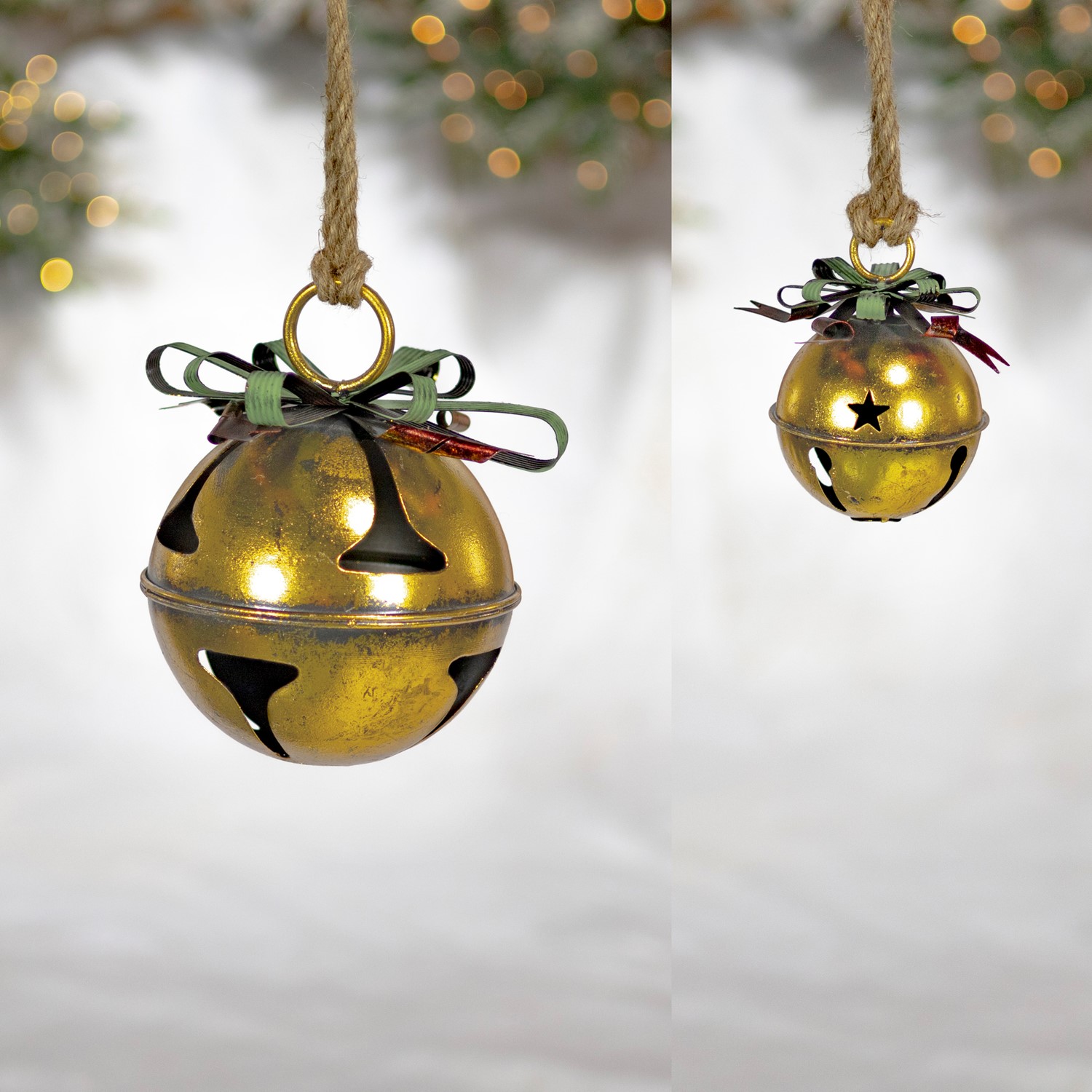 Set of 7 Large Galvanized Jingle Bells with Ribbon and Rope