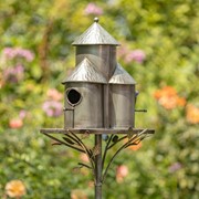 Zaer Ltd. International 74.25" Tall Plump Cylinder Triple Birdhouse Stake with Conical Roof in Silver ZR200251-SV View 4