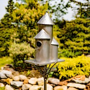 Zaer Ltd. International 73.5" Tall Cylinder Triple Birdhouse Stake with Conical Roof in Antique Silver ZR200250-SV View 4