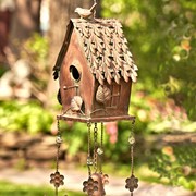 Zaer Ltd International Pre-Order: 39" Long Antique Copper Hanging Birdhouse Wind Chime "Cottage” ZR190557-A View 5