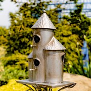 Zaer Ltd. International 73.5" Tall Cylinder Triple Birdhouse Stake with Conical Roof in Antique Silver ZR200250-SV View 5