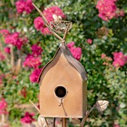 Zaer Ltd. International Pre-Order: 64.5"T. Antique Copper Finished Iron Birdhouse Stake with Sloped Roof ZR173714-A View 6