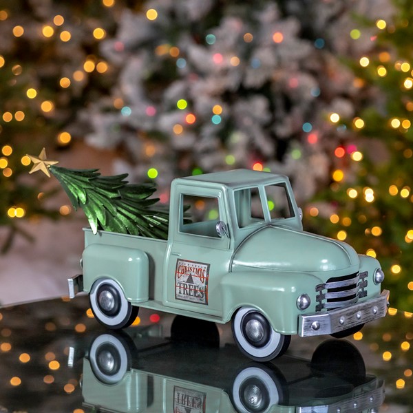 Iron Christmas Old Style Truck with Tree in Antique Blue