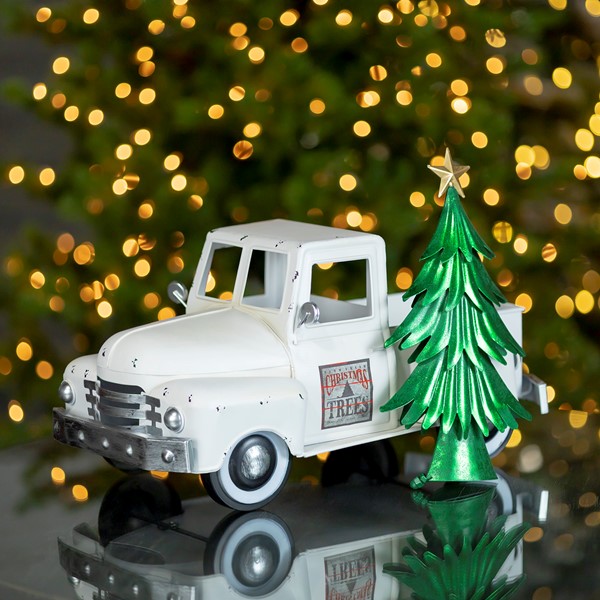 Iron Christmas Old Style Truck with Tree in Antique Blue