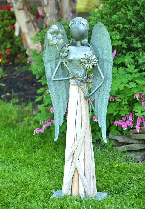 40" Tall Galvanized Steel and Wood Angel Garden Statue